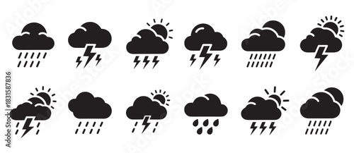 Set of black weather forecast icons showing various meteorological conditions like rain, sun, clouds, and thunderstorms in a simple glyph style for app or web interface design