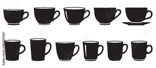 Black coffee cup and mug silhouette icons in a diverse collection of shapes and sizes, showcasing a variety of drinkware designs for cafes or kitchens