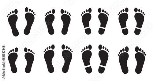 Black human footprint icon set collection with various silhouette designs for marking a path, trail, or direction of walking, presented as a clean graphic design element