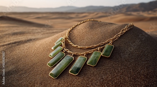 Exquisite Treasure in the Sands: A captivating display of a finely crafted necklace, elegantly posed amidst the undulating beauty of a desert landscape.