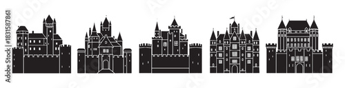 Five black medieval castle and fortress silhouettes with white line art details, presented as a collection of graphic icons showing varied historical architectural styles