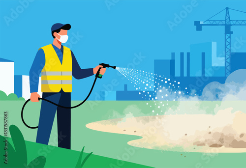 An illustration depicting a worker in mask and vest spraying a substance near a building site, crane visible