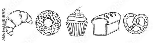 Hand-drawn bakery items collection including a croissant, glazed donut, cherry cupcake, loaf of bread, and a pretzel, presented as a linear sketch icon set