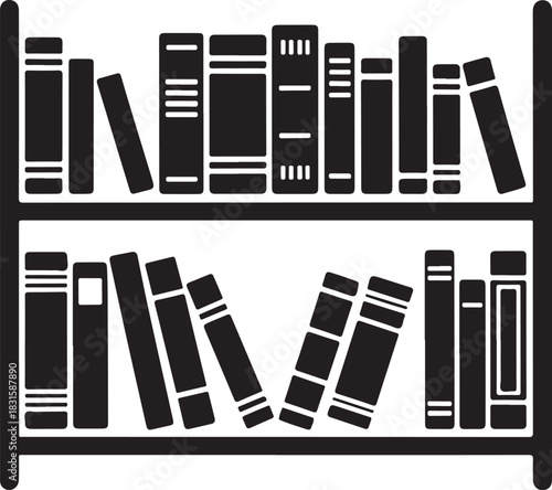 Black and white silhouette of books on two shelves
