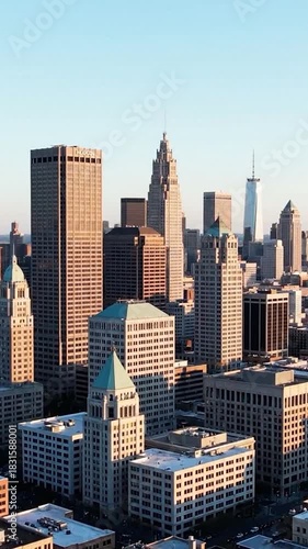 Cityscape view featuring many tall buildings with varying heights and styles