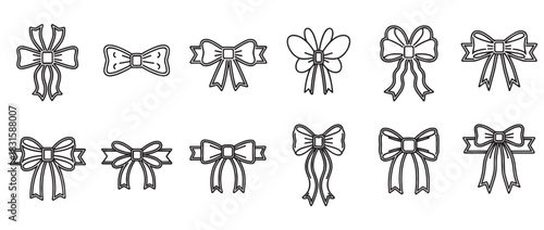 Twelve black outline bow icons in a collection of various shapes, featuring simple linear art and minimalist graphic design for festive decoration, presents, and gifts