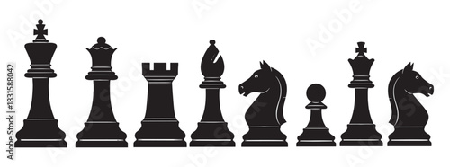 Collection of black chess pieces in a row including the king, queen, rook, bishop, knight, and pawn, presented in a graphic silhouette style with a rough, hand-drawn texture