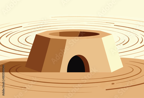 A tan geometric structure with an arch entrance and a circular hole at the top sits in a sandy textured ground with concentric ripples