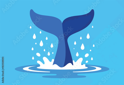 A stylized blue whale tail breaches, creating water splashes and droplets. Clean graphic design with textured background