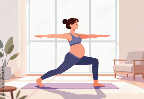A pregnant person in activewear does a yoga pose on a mat in a bright room, with a houseplant and armchair
