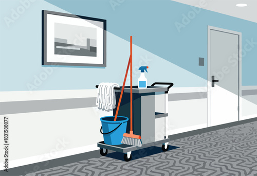 A cleaning cart, mop, and bucket sit in a hallway. Abstract painting on wall & a closed door
