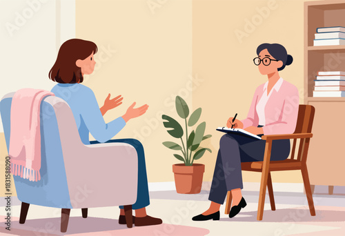 Illustration shows a therapy session. One person speaks to therapist who takes notes. A plant and bookcase are visible