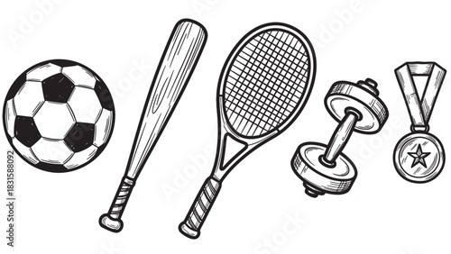Collection of hand-drawn sports equipment including a soccer ball, baseball bat, tennis racket, dumbbell, and medal, depicted in a black and white sketch style illustration