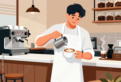 A barista pours milk into a coffee cup, creating latte art. Cafe interior with espresso machine, beans