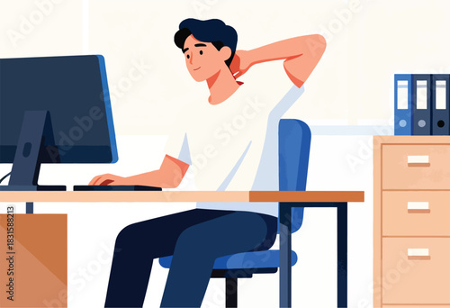 Illustration of a man at a desk, stretching his neck, working on a computer in a modern office