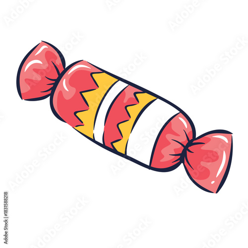 A colorful, hand-drawn vector illustration of a single piece of hard candy, tightly sealed in a twisted, decorative wrapper. The wrapper features red, white, and yellow/orange patterns, suggesting a f