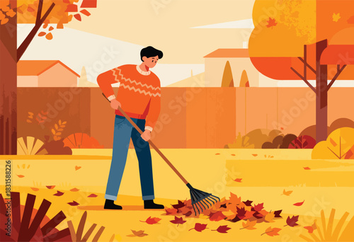 A person rakes colorful fallen leaves, in a vibrant autumn scene with trees, houses, and foliage