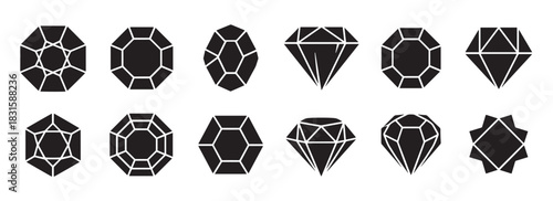 Collection of black diamond and gemstone icons in various geometric shapes and cuts, showcasing a minimalist and modern graphic design style for luxury and jewelry concepts