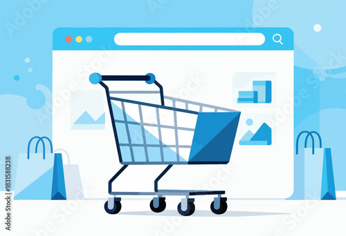 A digital illustration depicts a shopping cart in front of a browser window, along with shopping bags on sides