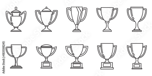 Set of various trophy cup outline icons representing awards for first place, victory, and championship success, illustrated in a clean and simple black and white vector graphic style