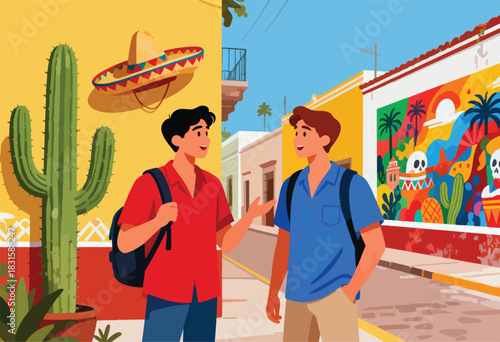 Two men converse on a sunny street, featuring a cactus, sombrero, and colorful mural, likely in Mexico