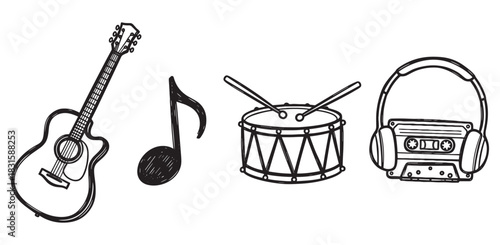 Hand-drawn black and white music icons featuring an acoustic guitar, musical note, snare drum, and retro cassette player with headphones in a simple sketch doodle style illustration set