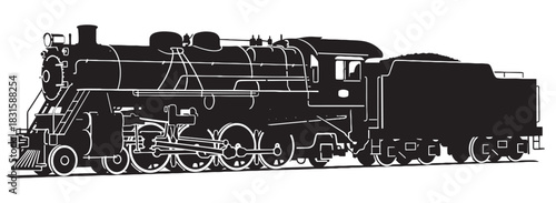 Classic steam engine locomotive and tender in a bold black and white silhouette style, an iconic transportation vehicle shown from a detailed side profile view