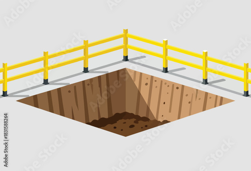 An isometric view of a square pit, fenced with yellow rails, on a gray surface, with dirt at the bottom