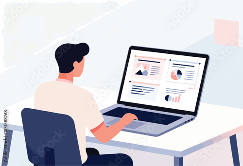 A person uses a laptop, reviewing charts and graphs displayed. Clean, minimalistic design with pastel colors