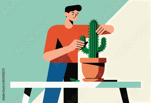 Vector illustration depicts a person tending to a cactus in a pot. Clean, modern, and stylized aesthetic