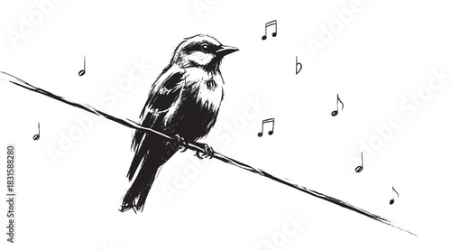 Black and white ink sketch of a little songbird perched on a wire, singing a cheerful melody with hand-drawn musical notes floating around in a charming graphic style