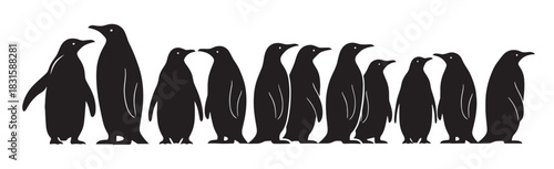 Colony of stylized black penguin silhouettes standing side by side in a continuous horizontal line, a simple and modern graphic design of arctic wildlife