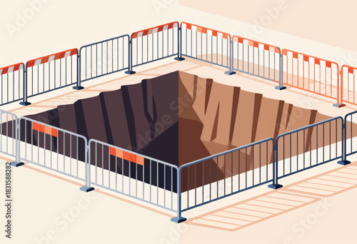 An isometric illustration of a deep excavation protected by a fence. Earth tones dominate the image