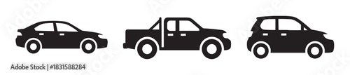 Three black vehicle icons showing different car types including a sedan, pickup truck, and hatchback in a simple silhouette style from a side profile view