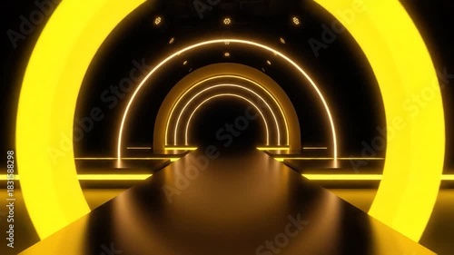 A brightly lit tunnel, with yellow arched rings and floor, extending into darkness