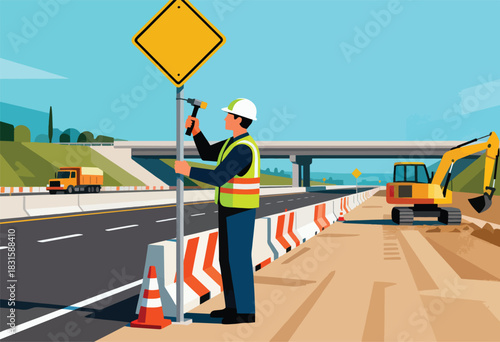 Construction worker hammers a sign on a highway, with an excavator, truck, and overpass in a vector illustration