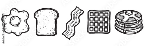Hand drawn breakfast food icons collection with a fried egg, toast, bacon, waffle, and pancakes in a black and white doodle style illustration set for a classic morning meal