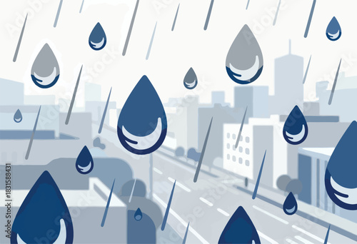 A stylized illustration featuring rain over a cityscape with blue and grey tones and numerous stylized water droplets