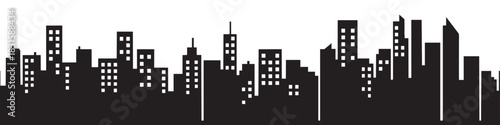 Black silhouette of a city skyline with various high-rise buildings and illuminated windows, creating a minimalist graphic panorama of an urban architectural landscape