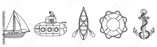 Set of five nautical line art illustrations including a sailboat, submarine, canoe, lifebuoy, and anchor in a simple black and white doodle style