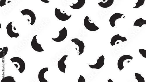 Black and white seamless pattern with bitten donuts in a minimalist graphic style, a playful and modern abstract illustration for textile or wallpaper design