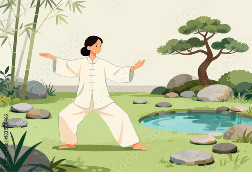An illustration depicting a woman performing Tai Chi in a serene garden setting with a pond and bamboo