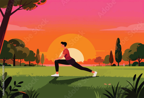 A person stretches in a park at sunset, surrounded by trees and greenery, stylized illustration