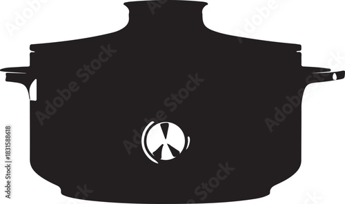 Silhouette of a large black cooking pot with handles and a valve