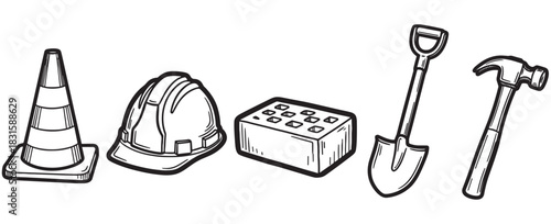 Set of hand-drawn construction tools and equipment including a cone, hard hat, brick, shovel, and hammer in a simple black and white line art sketch illustration