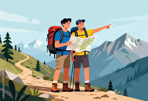 Two hikers with backpacks, map, and hiking poles, gaze over a mountain range, pointing the direction