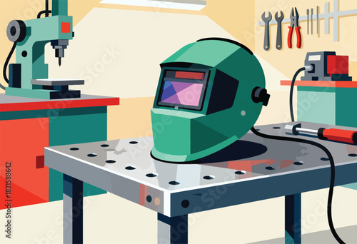 A green welding helmet sits atop a steel table in a workshop, tools and machinery are shown in the scene