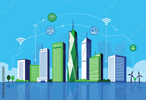 Colorful illustration depicting a smart city with interconnected buildings, Wi-Fi symbols, and wind turbines