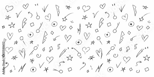 Hand drawn doodle pattern with hearts stars arrows and geometric shapes