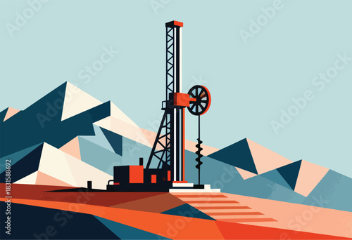 An industrial illustration depicts an oil derrick in a geometric landscape of angular mountains. Earthy palette
